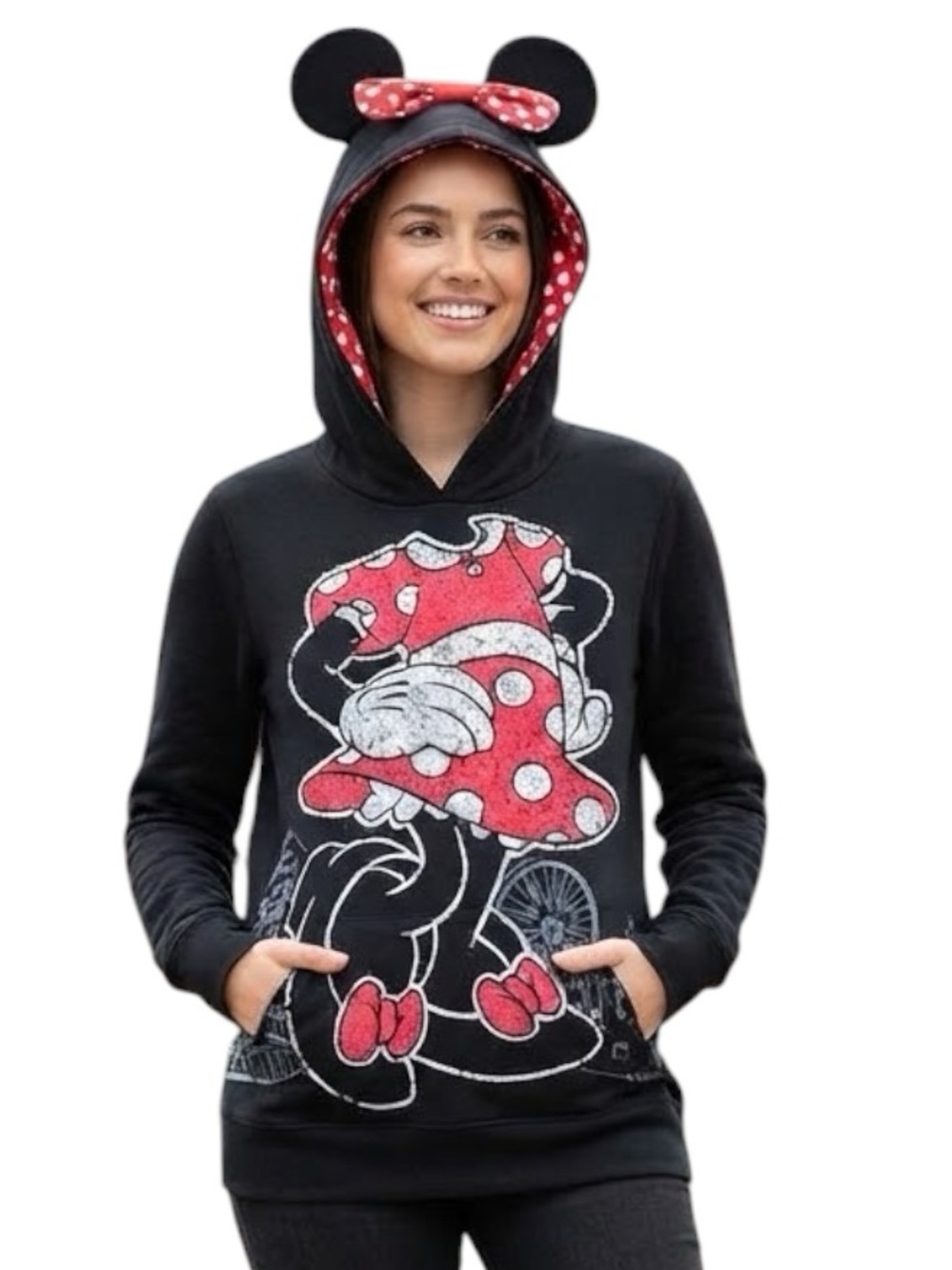 DISNEY PARKS Minnie Mouse 3D Ears Bow Hoodie Polka Dot Disneyland Pullover M